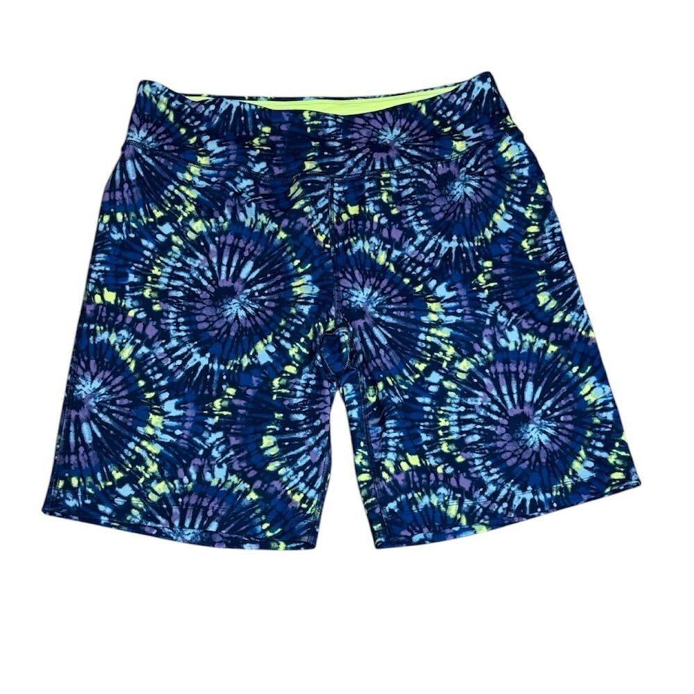 Women’s Lands’ End Biker Shorts, spandex, blue yellow print, Large
